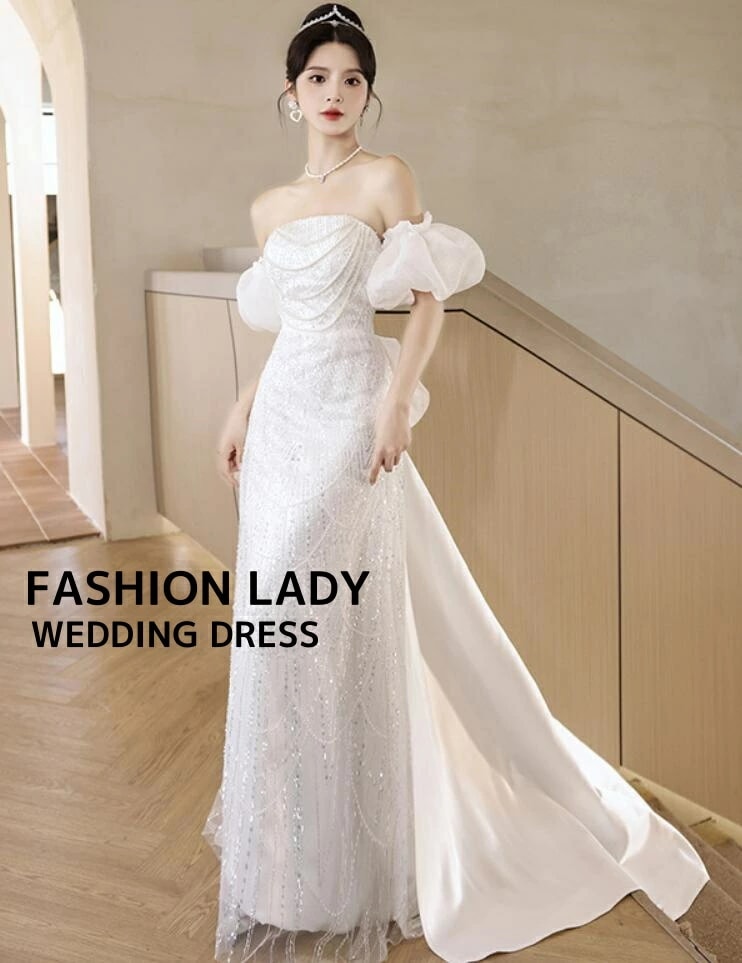 人気 ウェディングドレス エレガント 上品 きれいめ おしゃれ ホワイト 結婚式 宴会 パーティードレス 成人式 着痩せ 司会 礼服 オフショルダー 高級感 編み上げ ロングドレス トレーン メッシュ
