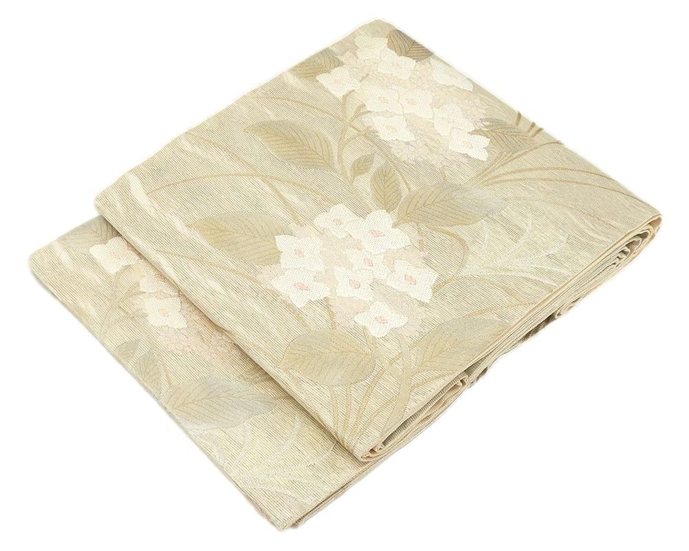 夏物 袋帯 新品仕立済 正絹 夏物 姫野織物謹製 桔梗紫陽花模様 紗袋帯 新品 仕立て上がり y1280