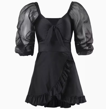 水着 スイムウェア レディース ワンピース 体型カバー パッド付き パフスリーブ シフォン シースルー 上下セット かわいい 大人可愛い シンプル カジュアル ナチュラル おしゃれ お洒落 レトロ