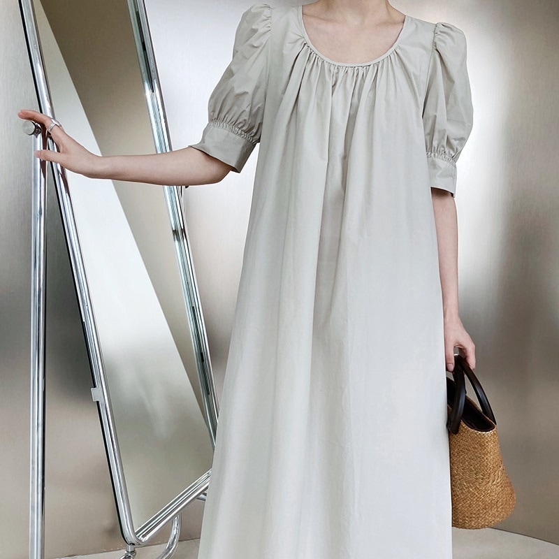 レディース ワンピース プルオーバー シャツワンピ フレア 膝下 ロング 5分袖 パフスリーブ Uネック Aライン 薄手 かわいい 大人可愛い きれいめ シンプル カジュアル 上品 おしゃれ こなれ感