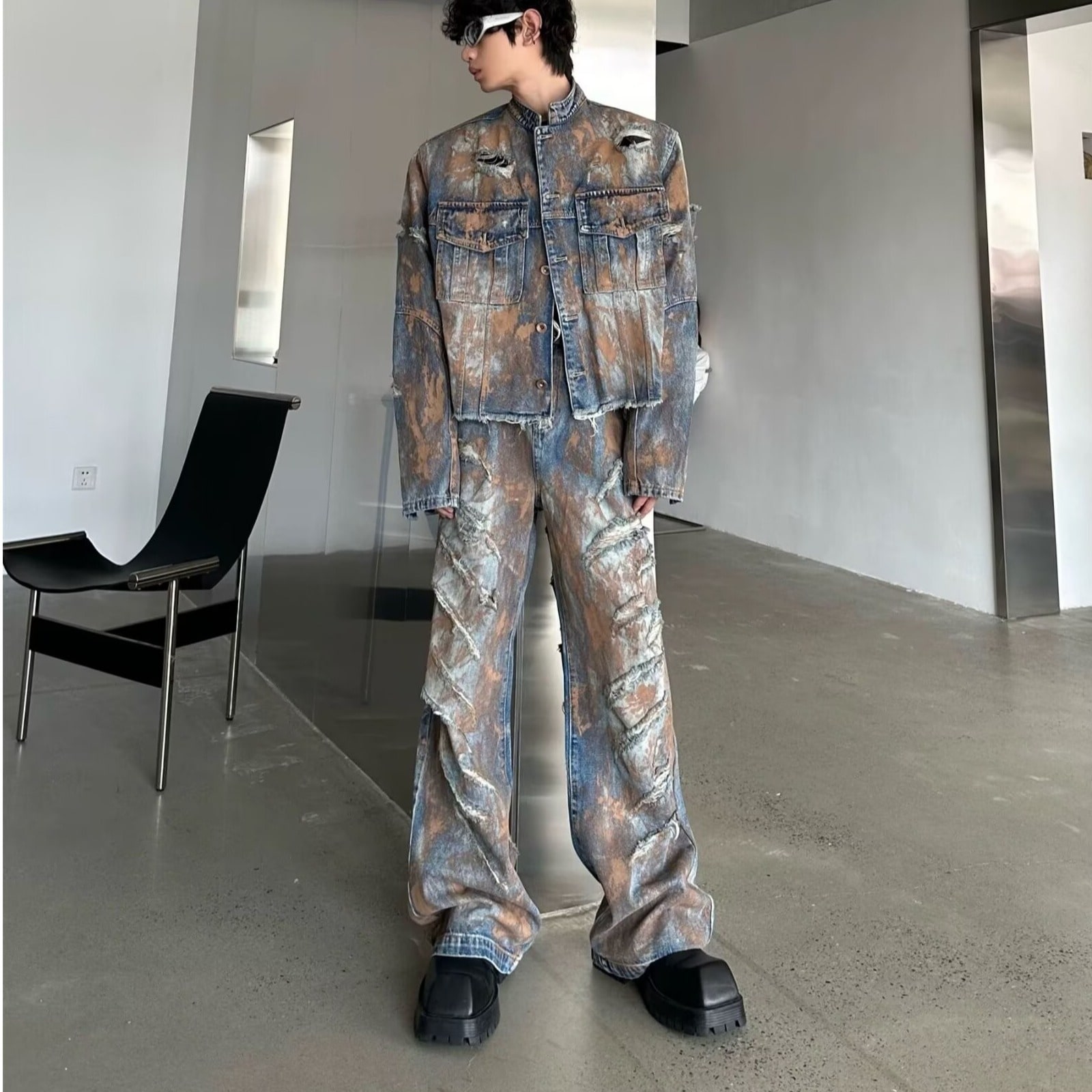 アメリカンレトロタイダイデニムスーツメンズ秋と冬の砂丘荒地ゆるいカジュアルジャケット r n1001-青 r n2