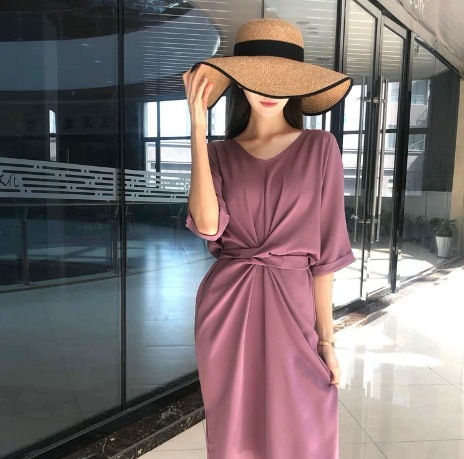 ワンピース ロング丈 袖あり 5分袖 Vネック Iライン ハイウエスト ウエストマーク かわいい きれいめ シンプル 大人 上品 おしゃれ かっこいい ラブリー キュート セクシー エレガント