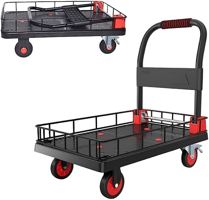 バスケット台車 折りたたみ式 カゴ付き台車 ストッパー付き 手押し台車 メッシュ台車 運搬用台車 200kg( ブラック, 72 x 48 x 82cm)