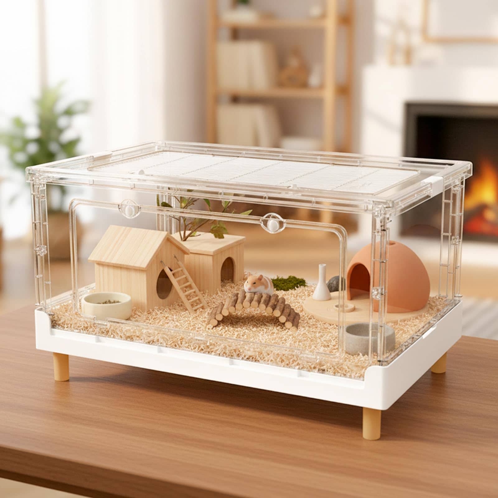 【MCHNHUA】ハイタイプ 折りたたみ式 ハムスターケージ 大型 深型設計＆大型回し車対応 クリア アクリル製 ゴールデンハムスターに最適 組立1分 掃除しやすい クリア (ロータイプ (34cm)