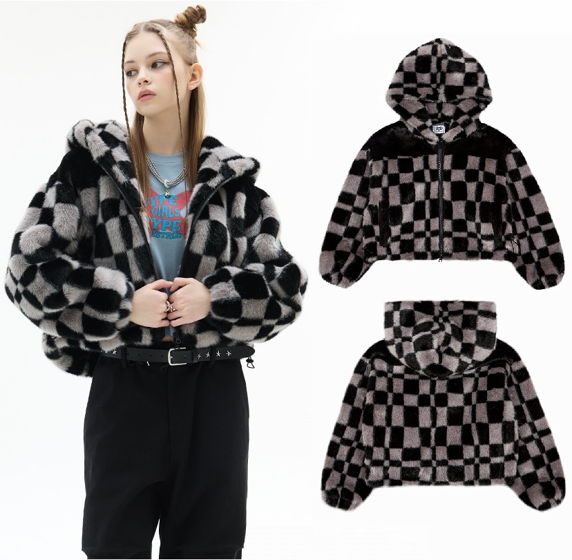 VL CHECKERBOARD FUR JACKET 新商品 韓国人気 肝節期 韓国ファッション ストリートファッション 女性服 冬のファッション