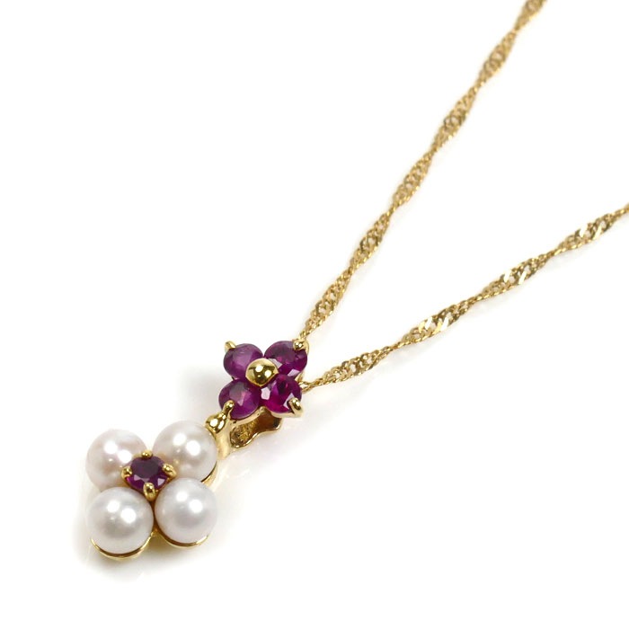 K18YG イエローゴールド パール フラワー ネックレス パール約3.5mm ルビー0.40ct 2.2g 40cm レディース 中古