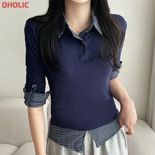 レイヤード風カラースリム長袖ロールアップ配色チェックTシャツ・1933815