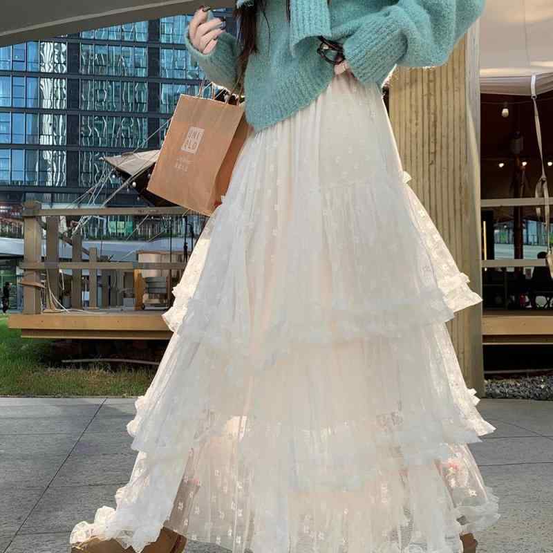 ティアードスカート ロング レディース ボトムス ガーリー マキシスカート 大きいサイズ 秋冬 ホワイト