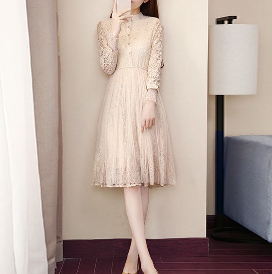 ワンピース 膝丈ドレス Aラインドレス ワンピースドレス ワンピドレス 膝丈 ひざ丈 袖あり 長袖 スタンドカラー レース 刺繍 チュール 上品 おしゃれ お洒落 エレガント フォーマル かわいい