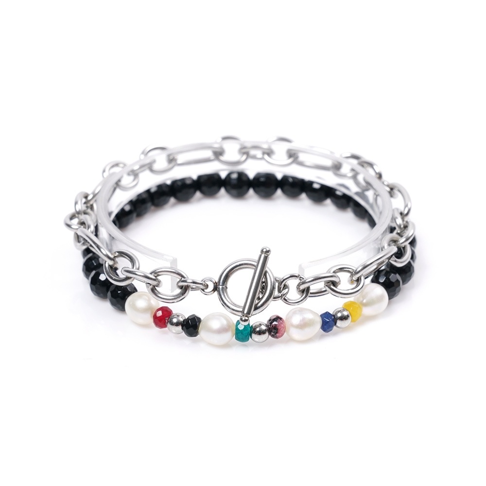 JBANS クラシック 7 ダブルタイプサージカル 732 パールアゲートオニキス 780 ジェムストーンブレスレットセット (C2101-SE198_BK)