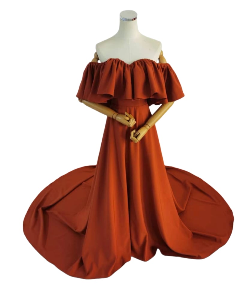人気上昇！カラードレス テラコッタ色 オフショルダー ロングトレーン 編み上げ 花嫁 2次会