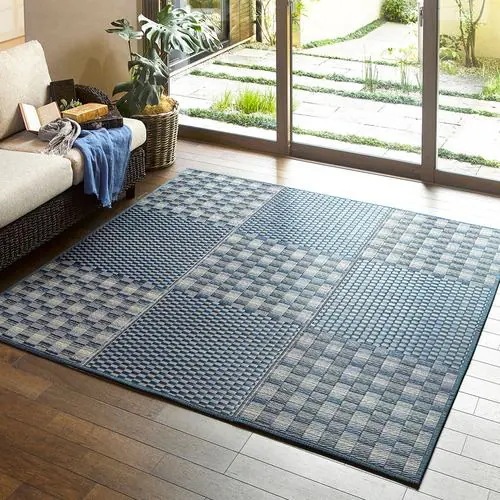 【メーカー直送品】萩原 はっ水 ふっくらウレタン入り い草ラグ キハチ 約180×180cm ブルー