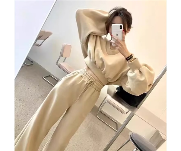 二点セット 上下セット ツーピース レディース プルオーバー スウェット ジャージ セットアップ スポーツウェア ワイドパンツ フルレングス 長袖 ドロップショルダー Vネック ベルベット シンプル