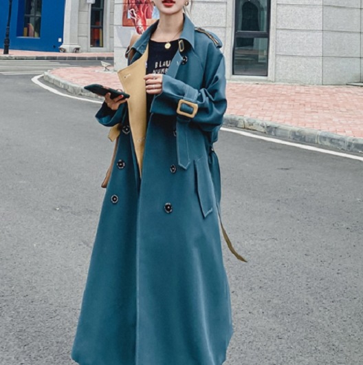 【取寄：納期2週間】トレンチコート レディース バイカラー アウター コート 大きいサイズ ロングコート ロング丈 秋アウター スプリングコート ブルー おしゃれ 韓国 20代 30代 40代 8,670円