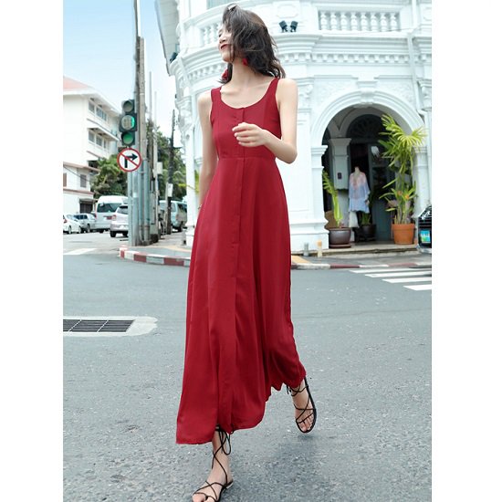 【取寄：納期2週間】リゾートワンピース ノースリーブ レディース ミモレ丈 リボン 背中見せ Aライン フレア 大人かわいい バックシャン バックリボン スリット 夏 ビーチ ハイウエスト ロング丈 7,480円