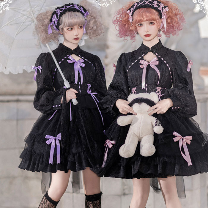 ロリータ ゴシック 長袖 ワンピース ブラック 黒 ふんわり ミディアム ワンピース かわいい ティアード フレア リボン ワンピース ハイウエスト レースアップ ロリータワンピース ゴスロリ 甘ロリ 5,503円