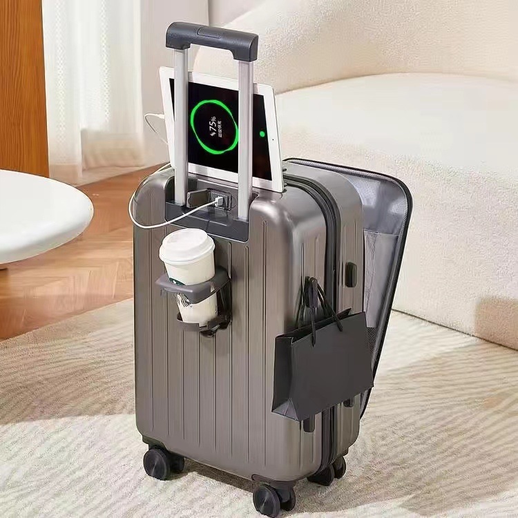 ins人気 新しいフロント開口部 キャリーケース スーツケース 機内持ち込み キャリーケース 多機能カップホルダー付き USB充電可能 軽量 TSAロック 短途旅行搭乗可能