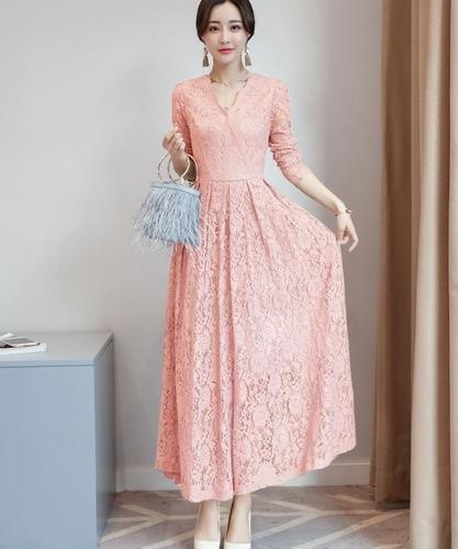 1403. Vネックレースロングドレス（ピンク） 2019 春夏 sale 結婚式 ドレス 二次会 フォーマル パーティードレス 大人 披露宴 お呼ばれ 発表会 同窓会 100,000円