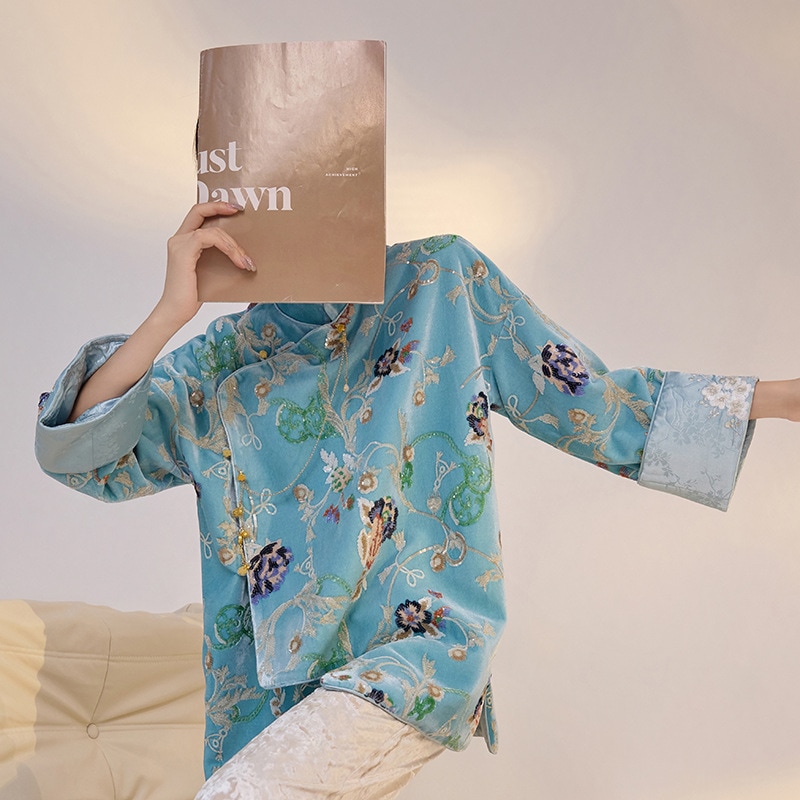 新しい中国スタイル新しい花刺繍スパンコールシャツ古いqianスタイルハイエンドスタイルサテントップm3003