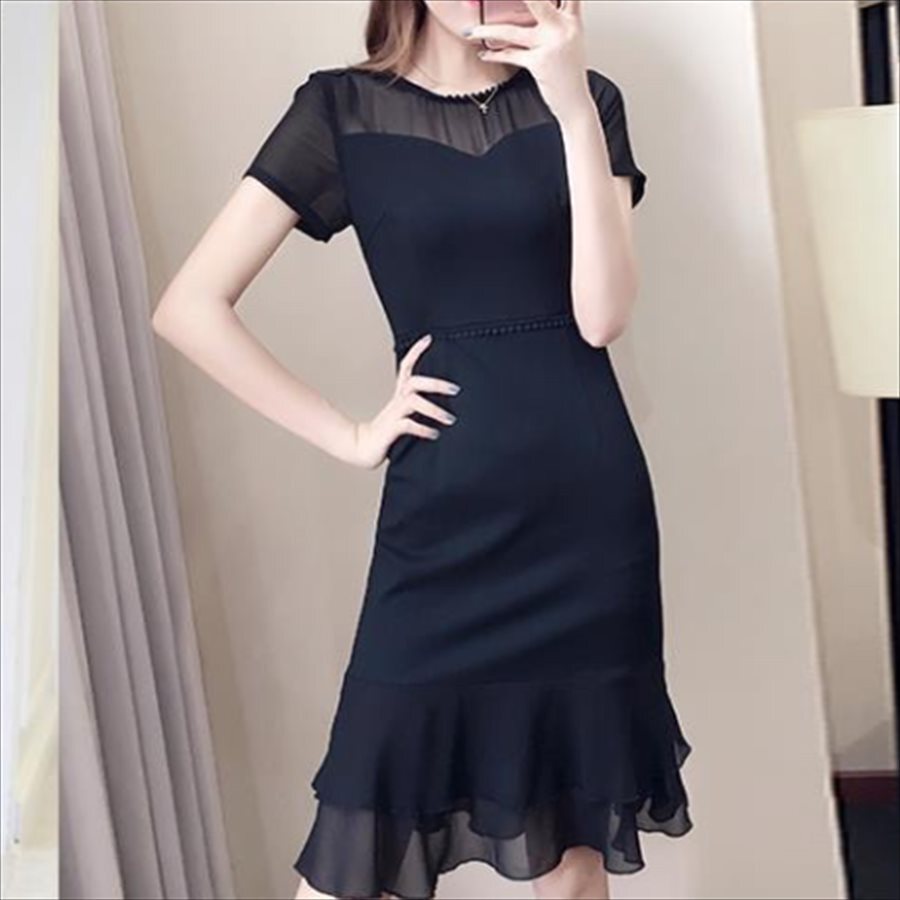 ロングドレス ドレス 衣装 ワンピース ロング ひざ丈 袖あり 半袖 Uネック ラウンドネック Aライン フレア フリル 透け感 シースルー 薄手生地 エレガント 上品 可愛い きれいめ