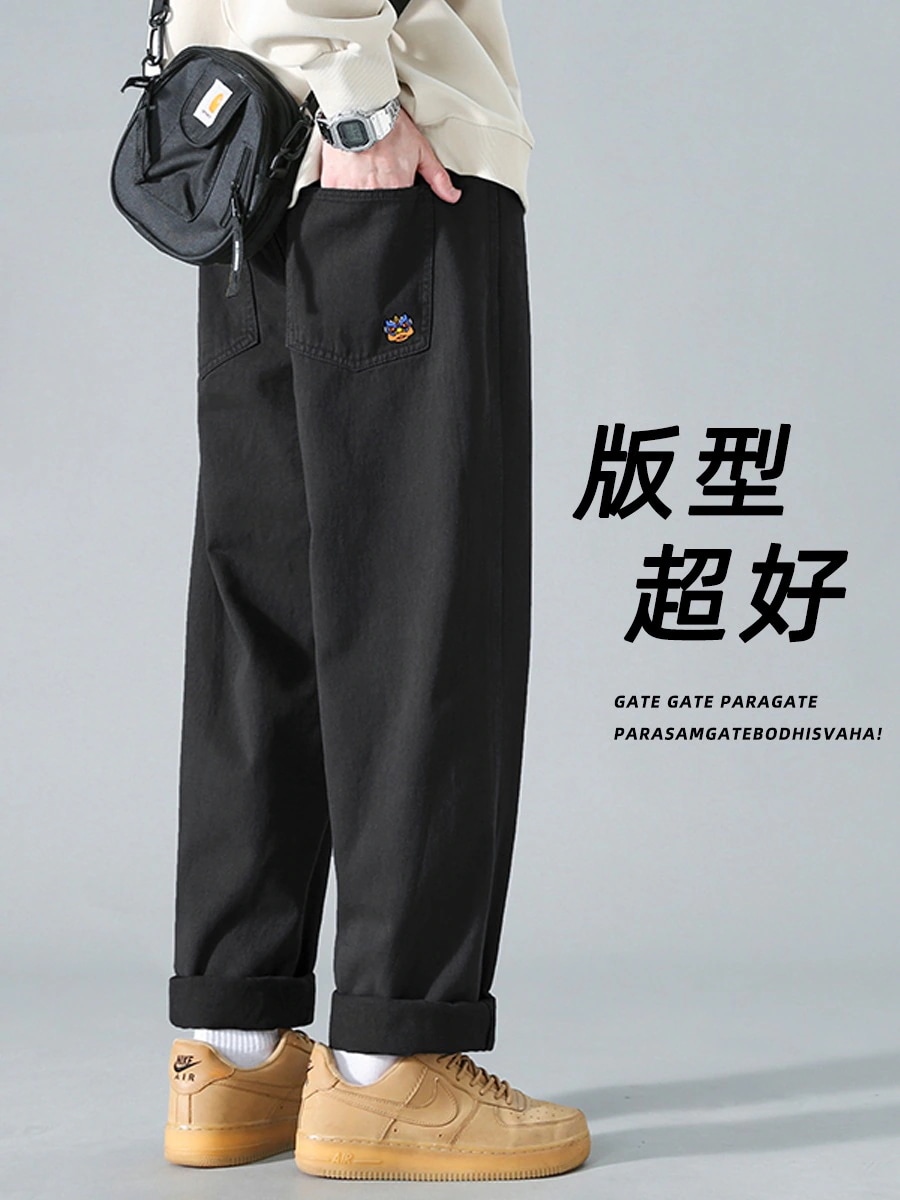ストレートカジュアルパンツメンズ春秋冬秋作業ズボン日本の潮百緩い大lきいサイズワイドパンツ
