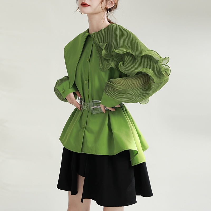 2025春装新型襟折りしわ巻きハスの葉の縁が不規則でゆるい長袖シャツとベルト上着 5,220円