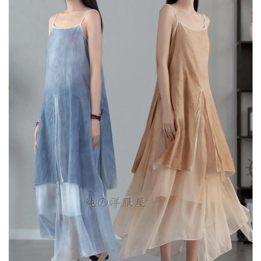 夏新作 ロング ワンピース ナチュラル ロング丈 マキシ丈 ワンピース ゆったり フレア ストラップ キャミソール ワンピース タイダイ染め スリット アシンメトリ