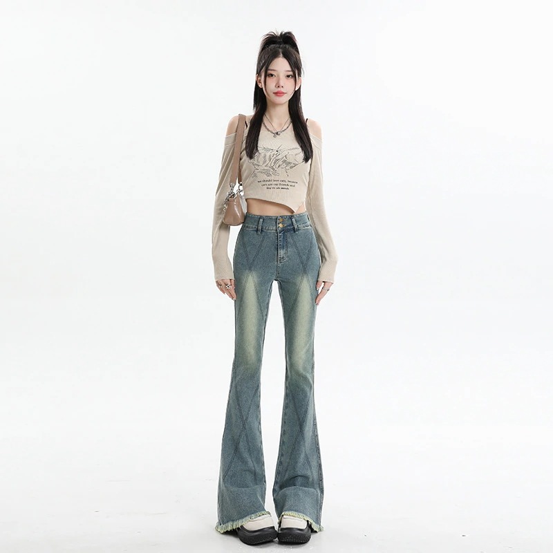 デニムパンツ ストレッチマイクロラージジーンズ女性2025新作韓国版ハイウエスト馬蹄型フレアパンツ