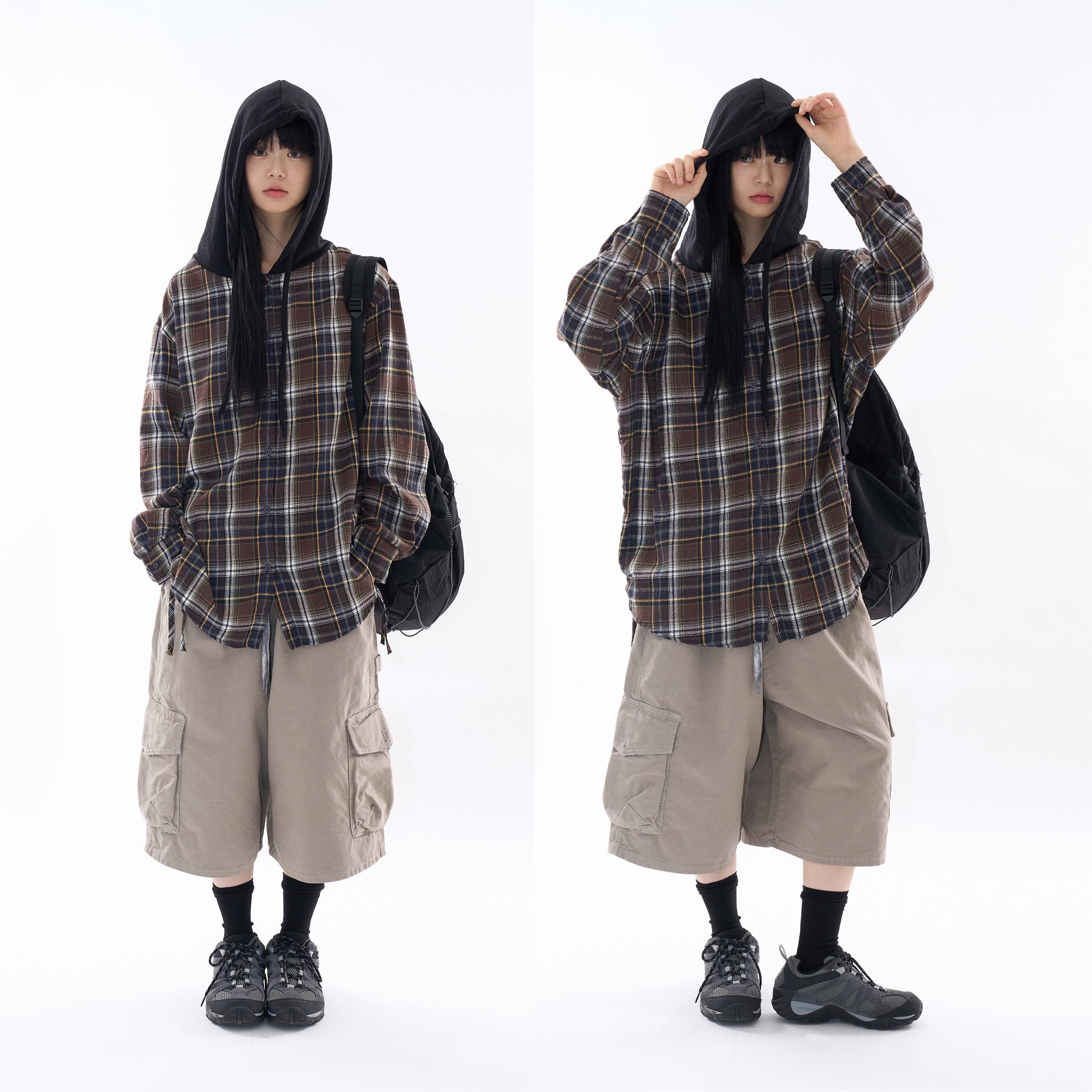[2024 FW] ネビス フード オーバー チェック シャツ (UNISEX) ヴィンテージ 韓国ファッション オーバーサイズ スタイル k-pop ファッション 秋 冬 ファッション