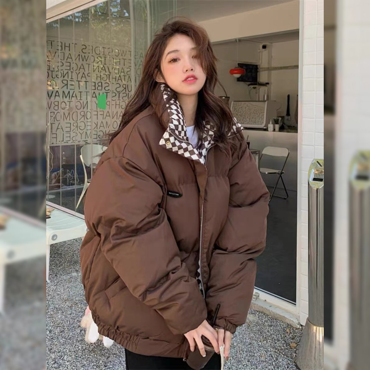 ダウンジャケット レディース 全2色 ブロックチェックダウンジャケット オーバーサイズ 中綿ブルゾン 中綿ジャケット スタンドカラー 大きめ メンズライク 防寒性 韓国 人気 トレンド