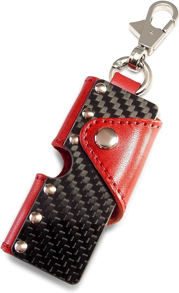 キーケース メンズ コンパクト 栃木レザー カーボン カラビナ付き 本革 車 バイク( レッド)