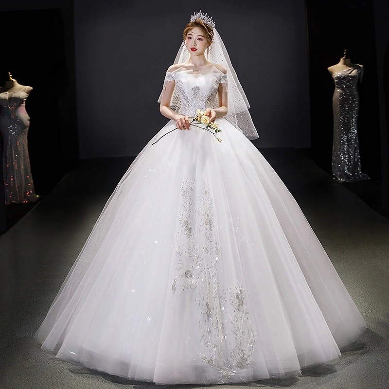 2025秋フロアレングス大きいサイズのウェディングドレスウェディング気質ドレストレーリングワンショルダーウェディングドレス