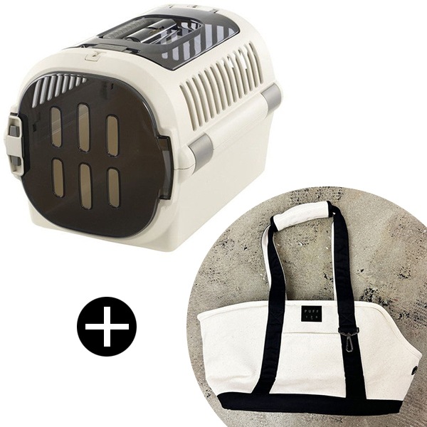キャンピングキャリーファイン ダブルドア M アイボリー + PUFF pet carry canvas tote M P24002-15 ブラック ペットキャリー セット