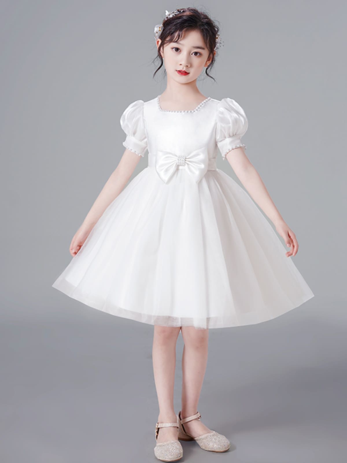 女性のドレスプリンセスドレスの花の女の子ピアノホスト若い女の子ホワイトガーゼスカート夏子供チュチュスカートパフォーマンス衣装 r n1001-8733 白半袖【商品収集時にクリスタル王冠を贈呈】 r