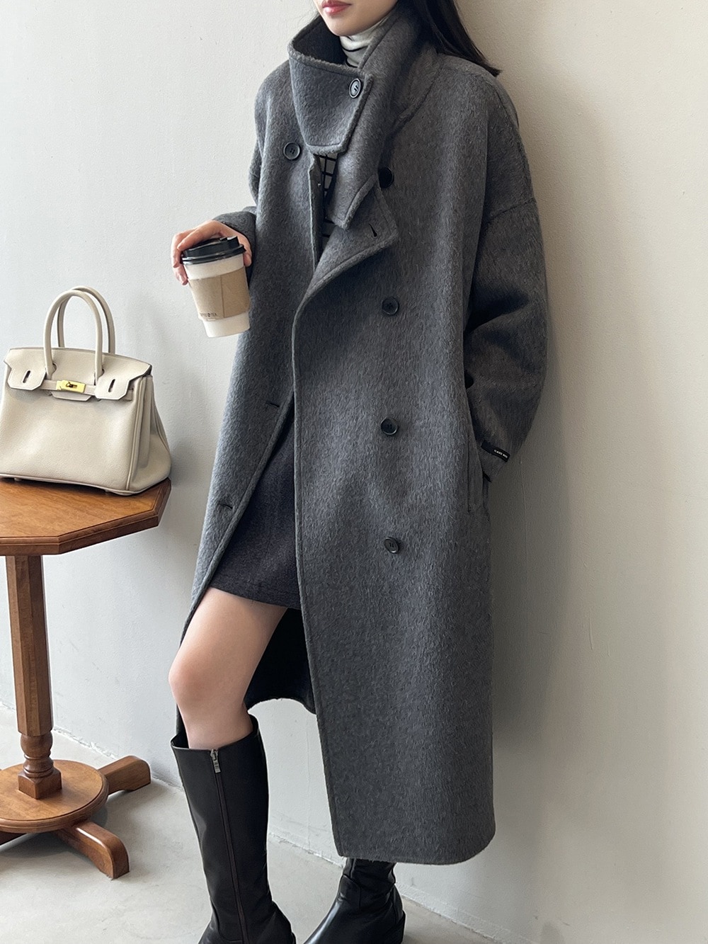 プレミアム感のある立ち襟両面ウールコート女性秋冬ルーズミディアム丈ツイードジャケット