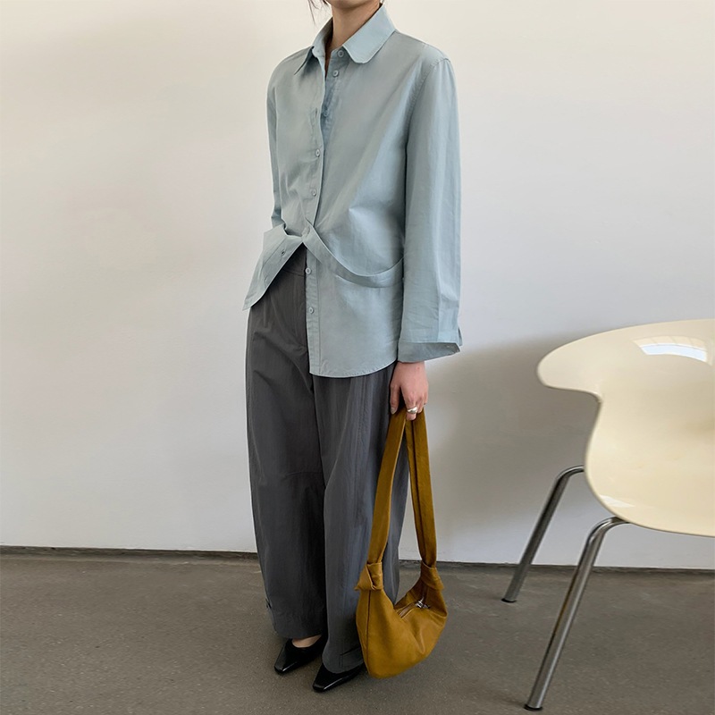 韓国版ベルトデザインゆったり開襟シャツ女性25春新作オールインワン長袖トップス24656