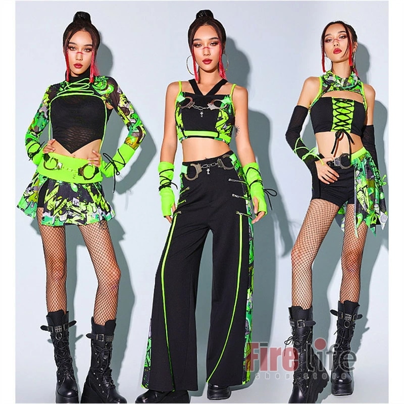 【一部の現物は明日出荷】レディース 大人 ダンス衣装 ジャズダンス グリーン 緑黒 短パン ロングパンツ へそ出し 応援団 DS ダンス 舞台衣装 セットアップ DJ イベント kpop衣装 団体