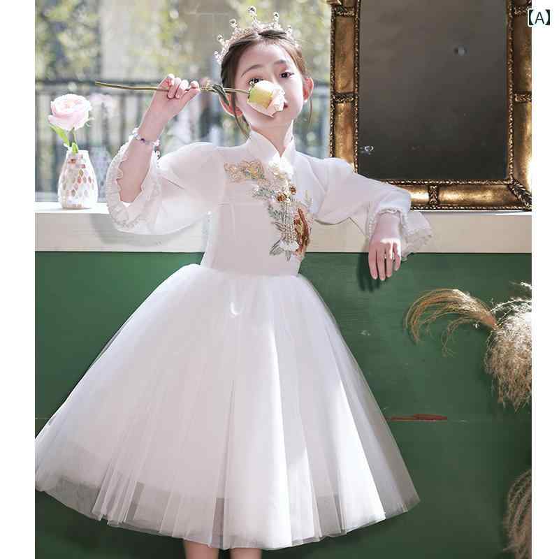 キッズ 女の子 パフォーマンスドレス プリンセス フラワーガール 結婚式 ピアノ 演奏会 発表会 長袖 ファッション イベント シンプル