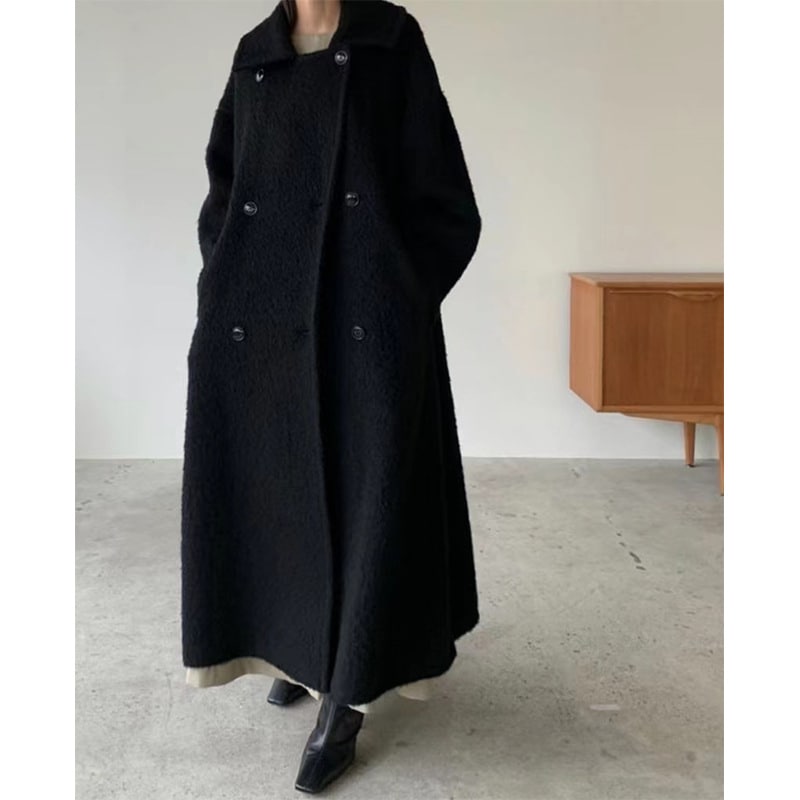 高精細ウールモヘアコート女性秋冬ラペル暖かいロングツイードジャケットのブロードバージョン