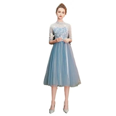ブライズメイドミモレ丈ブルーピアノ発表会ドレス大人袖付きカラードレス結婚式パーティードレス203040謝会披露宴同窓会女子会