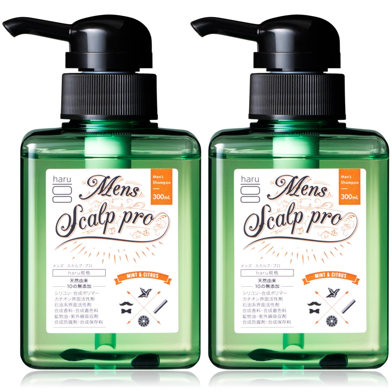 haru(ハル) メンズスカルプ・プロ 300ml（約3ヶ月分） 2個セット 男性用シャンプー 100%天然由来 シトラスミントの香りノンシリコン 頭皮 クレンジング 匂いケア