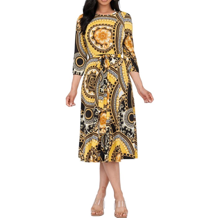 ワンピース 膝下丈 7分袖 丸首 リボン アラベスク柄 レトロ カラオケ パーティー お出かけ 女子会 40代 50代 60代 S.M.L.XL マルチゴールド USA HF231214LA015 4,996円