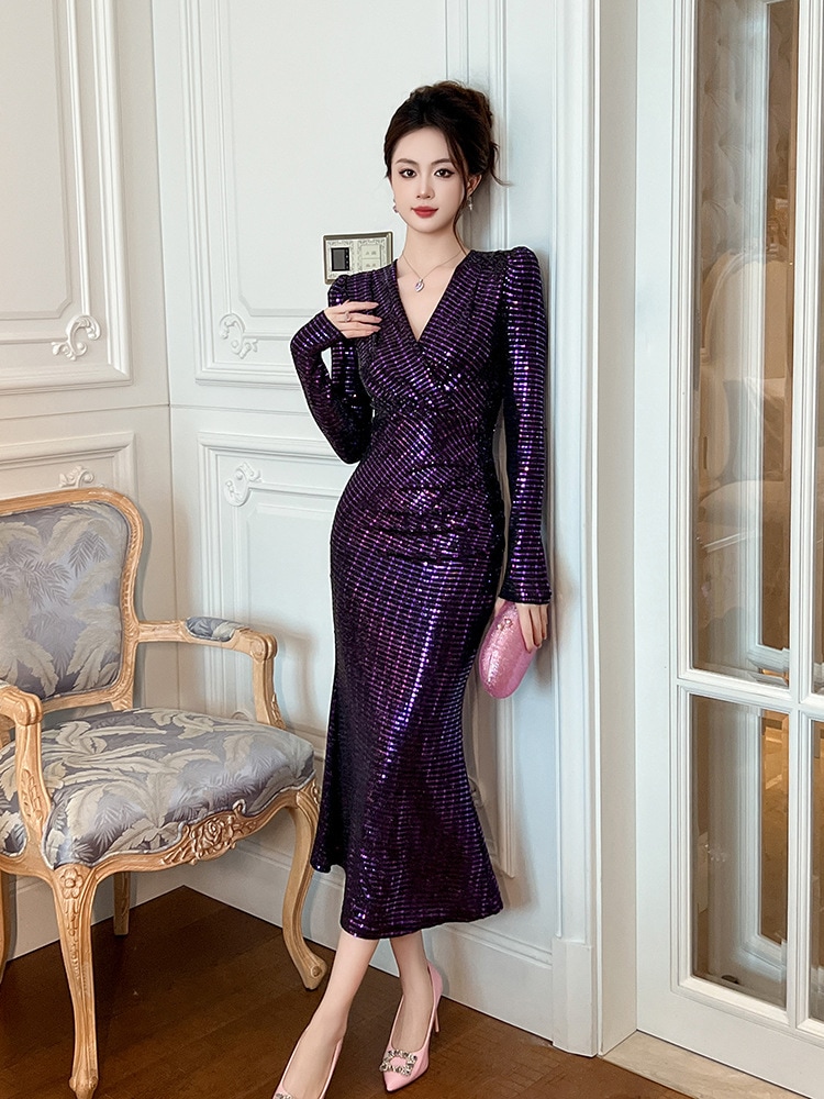 【JY.上品】 キラキラ vネック 秋冬 セクシー スリム ドレス パーティー キャバ 大人 同窓会 披露宴 卒業式 結婚式 成人式 ウェディング 二次会 メガ割