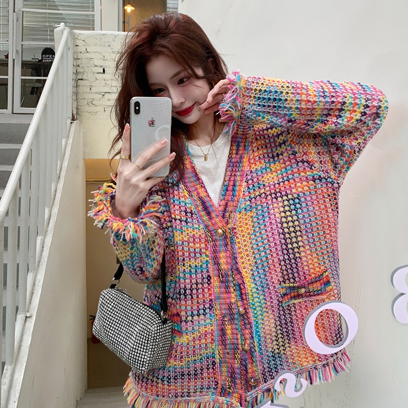 【大きいサイズあり】フリンジ Vネックニットカーディガン マルチカラー ニットカーディガン ニット セーター カーディガン ジャケット アウター オルチャン オーバーサイズ 韓国 レディース 可愛い