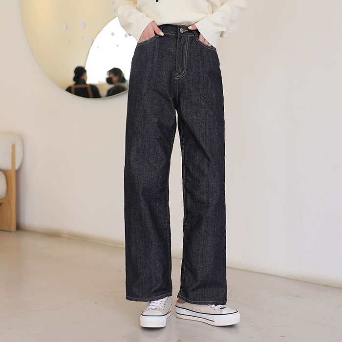 [韓国ファッション] ハイウエスト デニムワイドパンツ