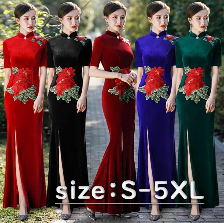 カラフル チャイナドレス ロング丈 半袖チャイナドレス ベロア スリット入り マキシ丈 細身ドレス パーティードレス 上品 コスチューム 忘年会 謝恩会 演奏会 大きいサイズ 中華服 刺繍付き
