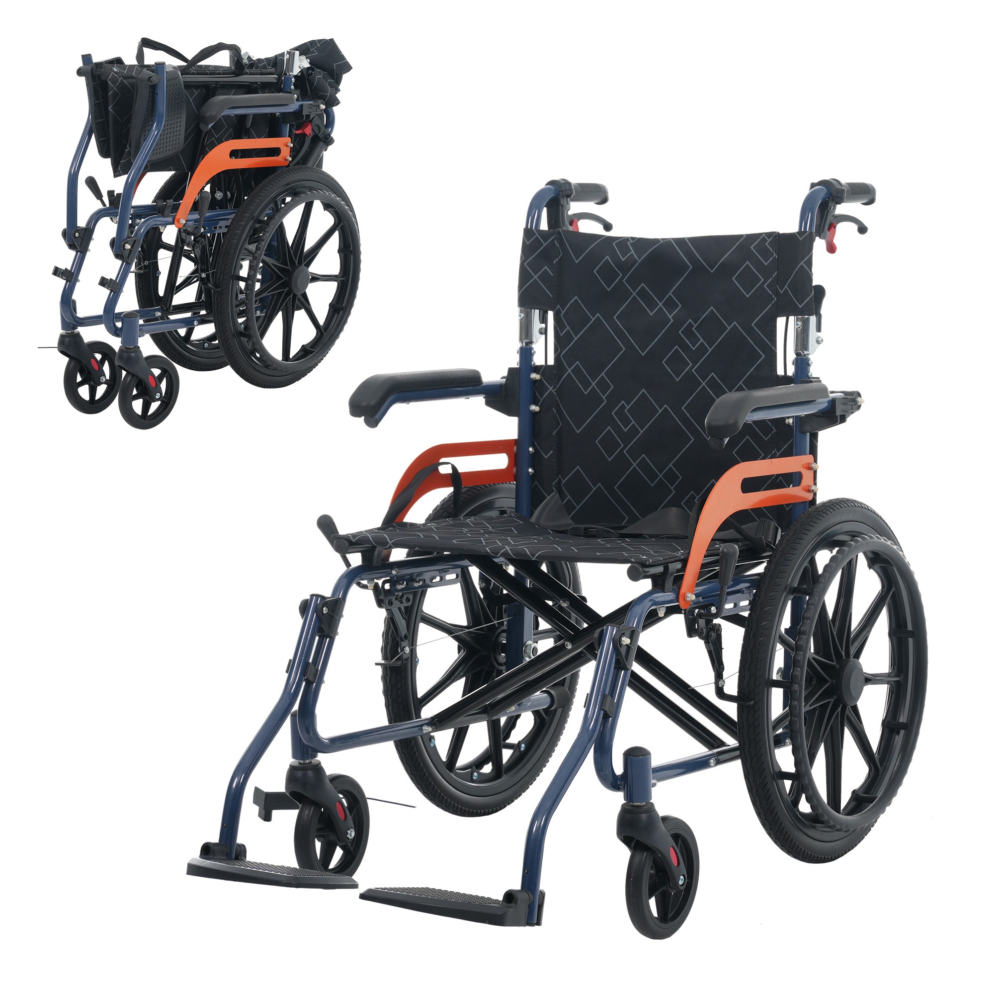 【国内発送】B 534【国内発送】B534【国内発送】車椅子 アルミ製 軽量 四輪 自立可能 防水生地 ノーパンクタイヤ 介助ブレーキ付き コンパクト 折りたたみ可能 座面付き 四輪 介助用 キャスタ