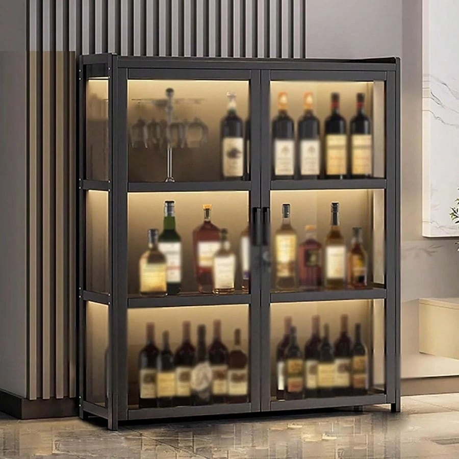 ロック付き酒棚 竹製 ウイスキーラック 3面透明ディスプレイ ワインバーキャビネット 密閉型 アクリル扉付き 多層収納ラック 落下防止機能付き 大容量 酒類貯蔵ロッカー 家庭用・業務用に適したスペース