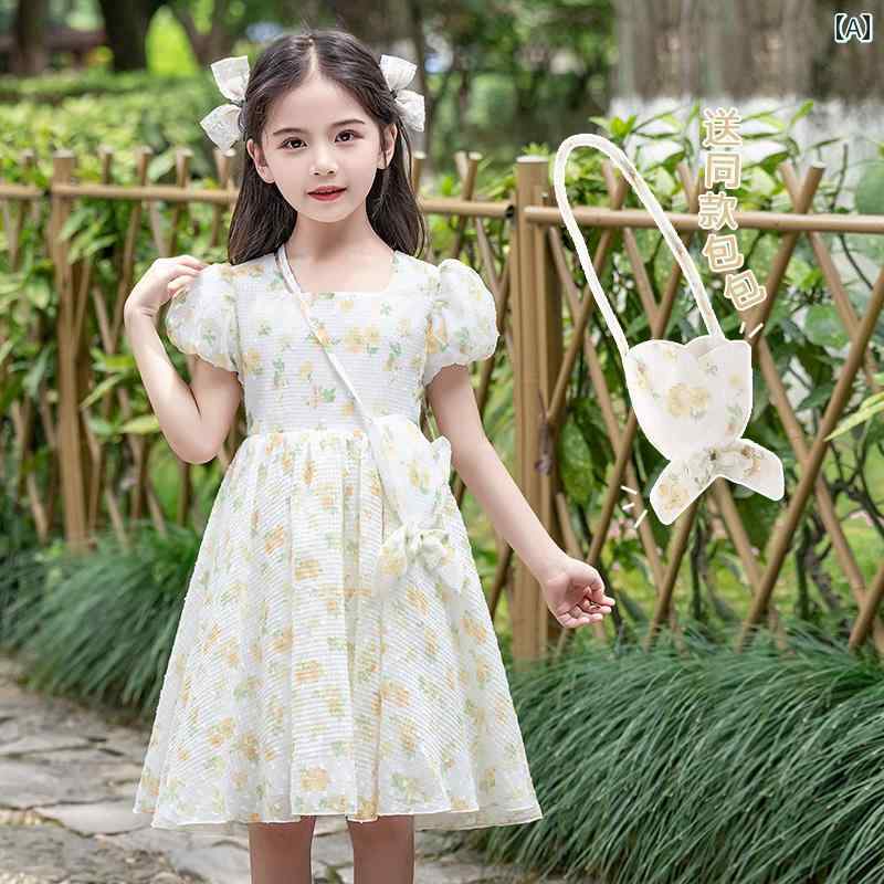 ドレス 女の子 ガール 夏 夏 ドレス ミニ ワンピース 子供 キッズ 小学生 フレア スカート 半袖 花柄 プリンセス お姫様 パーティー シアー バックリボン かわいい 孫 プレゼント