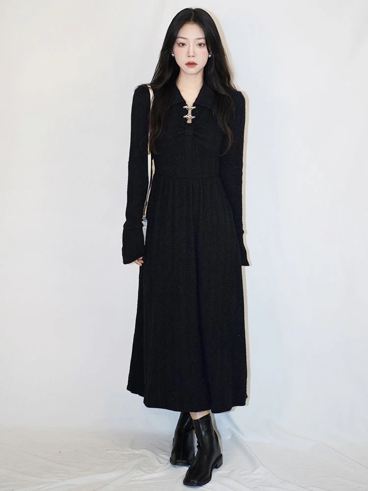 【3日で出荷】ニットワンピース ニット ワンピース ロングスカート セーター着 Vネック A型 ロング丈　長袖 カットソー ウエストライン